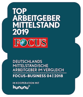 Siegel zum Top Arbeitgeber Mittelstand 2019 von Fokus in Kooperation mit kununu